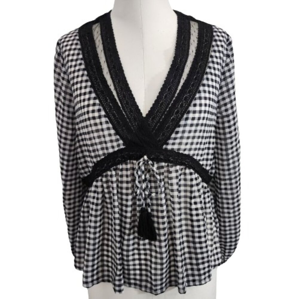 LAUNDRY by Shelli Segal Long Sleeve V-neck Flowy Crochet Gingham Black White Med